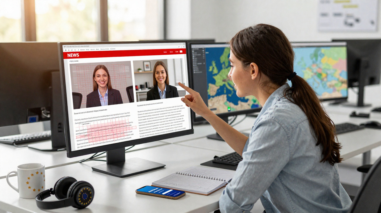 Mulher apontando para monitor com notícias em site, em escritório com mapas em outras telas.