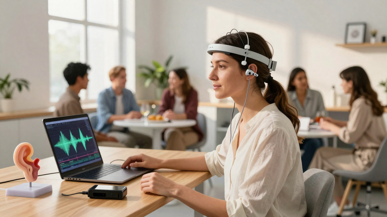 Mulher usando dispositivo de teste auditivo enquanto trabalha em laptop em ambiente de escritório moderno.