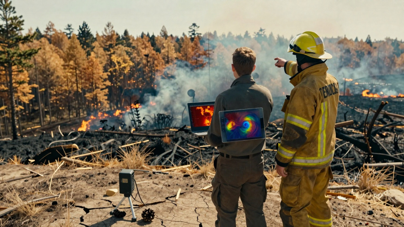 Bombeiro e pesquisador analisam incêndio florestal monitorado por laptop e equipamentos no terreno queimado.