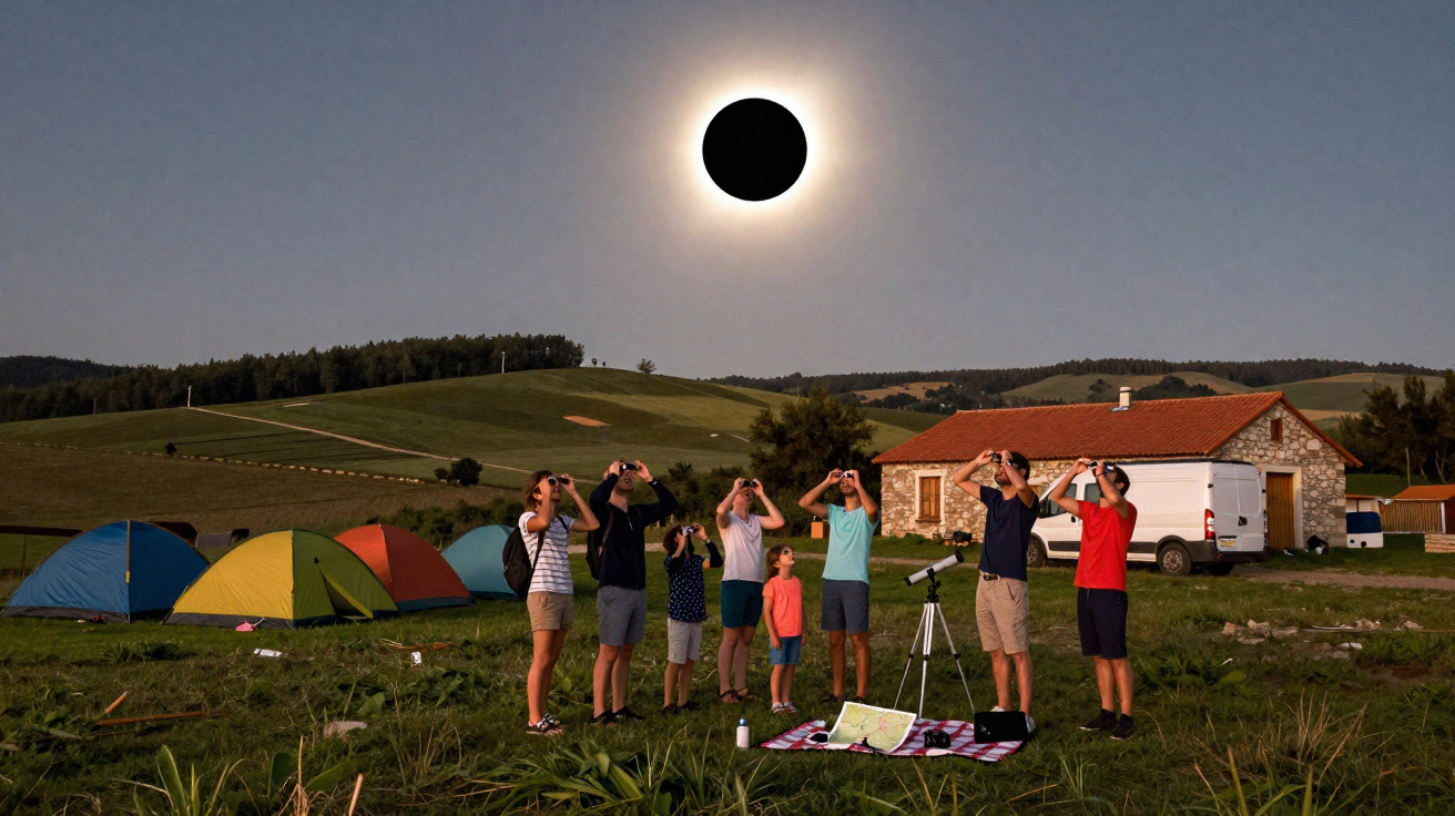 Grupo de pessoas observando eclipse solar em campo com barracas e casa ao fundo ao entardecer.