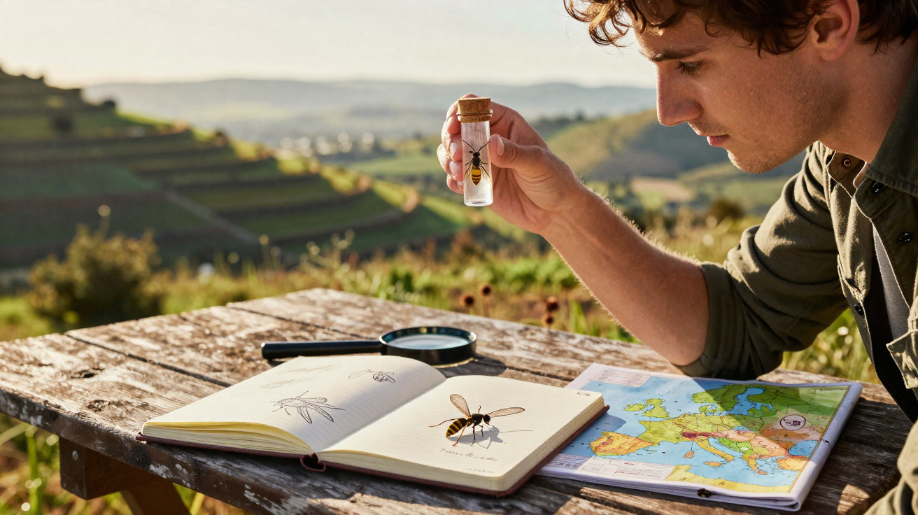Jovem observa inseto em frasco, ao lado de livro ilustrado, lupa e mapa sobre mesa de madeira ao ar livre.
