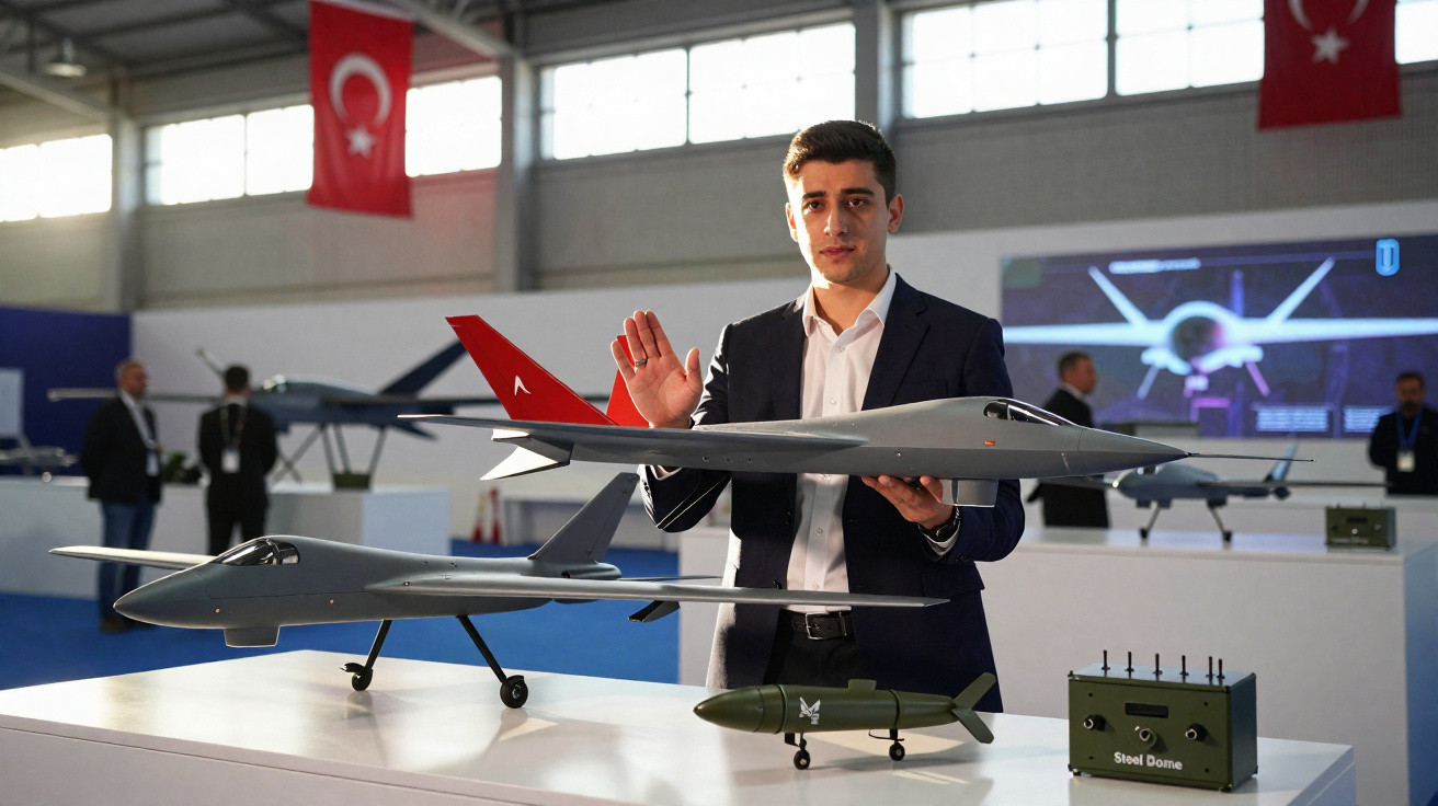 Homem em terno apresenta modelos de aeronaves não tripuladas em exposição com bandeiras da Turquia ao fundo.
