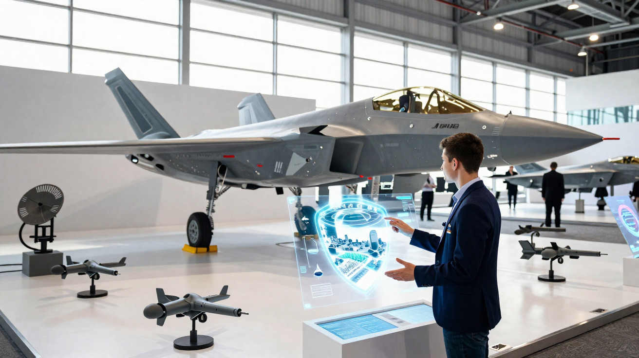 Homem interage com holograma azul em exposição de jato militar cinza e modelos de aeronaves.