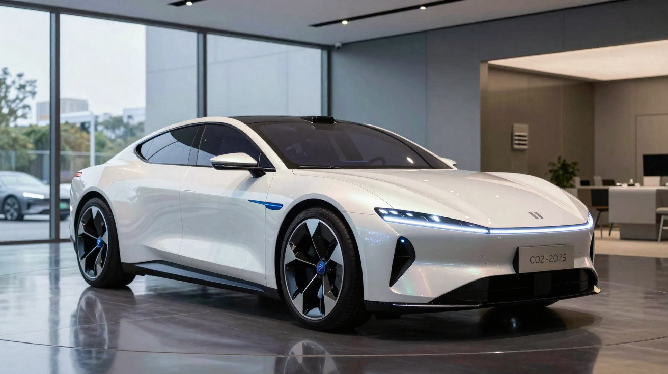 Carro elétrico branco moderno exposto em ambiente interno com design aerodinâmico e luzes LED acesas.