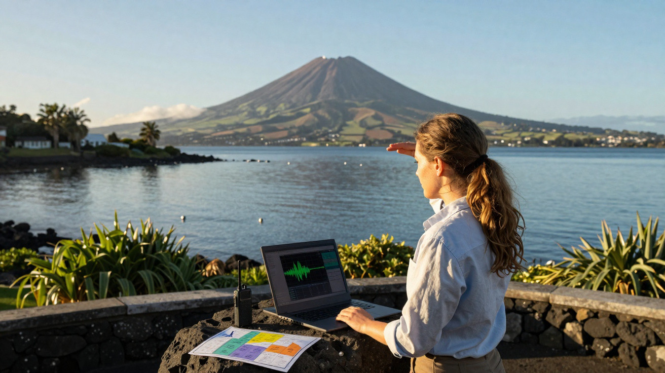 Mulher analisando dados no notebook próxima à costa com vulcão ao fundo sob luz do entardecer.