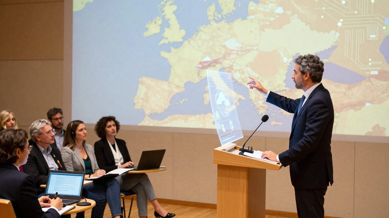 Homem apresentando dados holográficos para grupo atento em sala com mapa da Europa ao fundo.