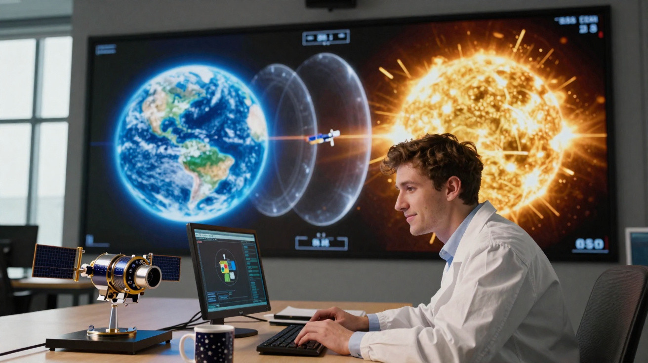 Cientista em laboratório com modelo de satélite e tela grande mostrando Terra, satélite e Sol.