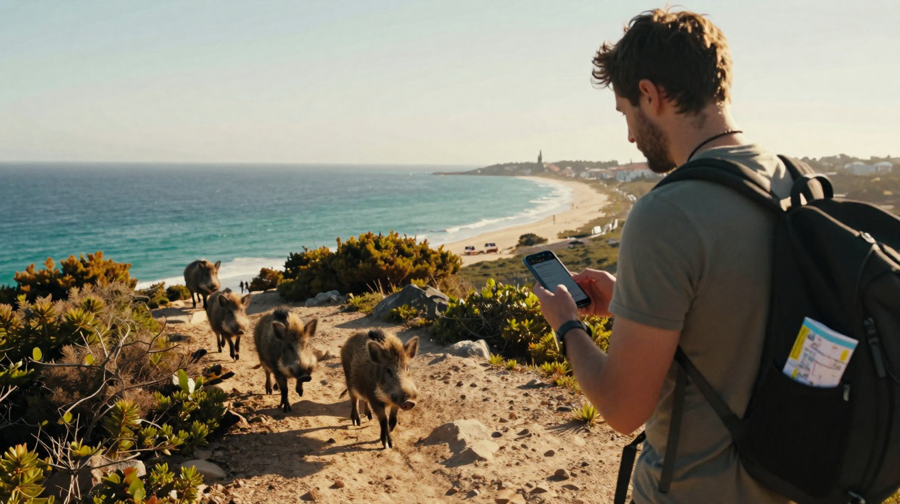 Homem com mochila usa celular enquanto javalis selvagens caminham em trilha perto da praia.