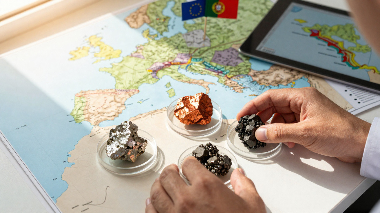 Mãos manipulando amostras de minerais sobre mapa da Europa com bandeiras da UE e Portugal e tablet ao lado.