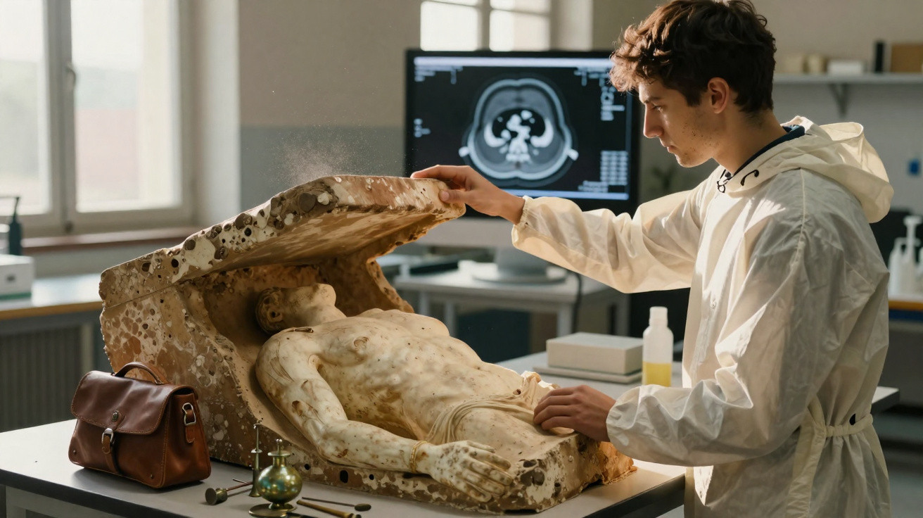 Jovem em laboratório abrindo molde de estátua humana para análise científica e arqueológica.