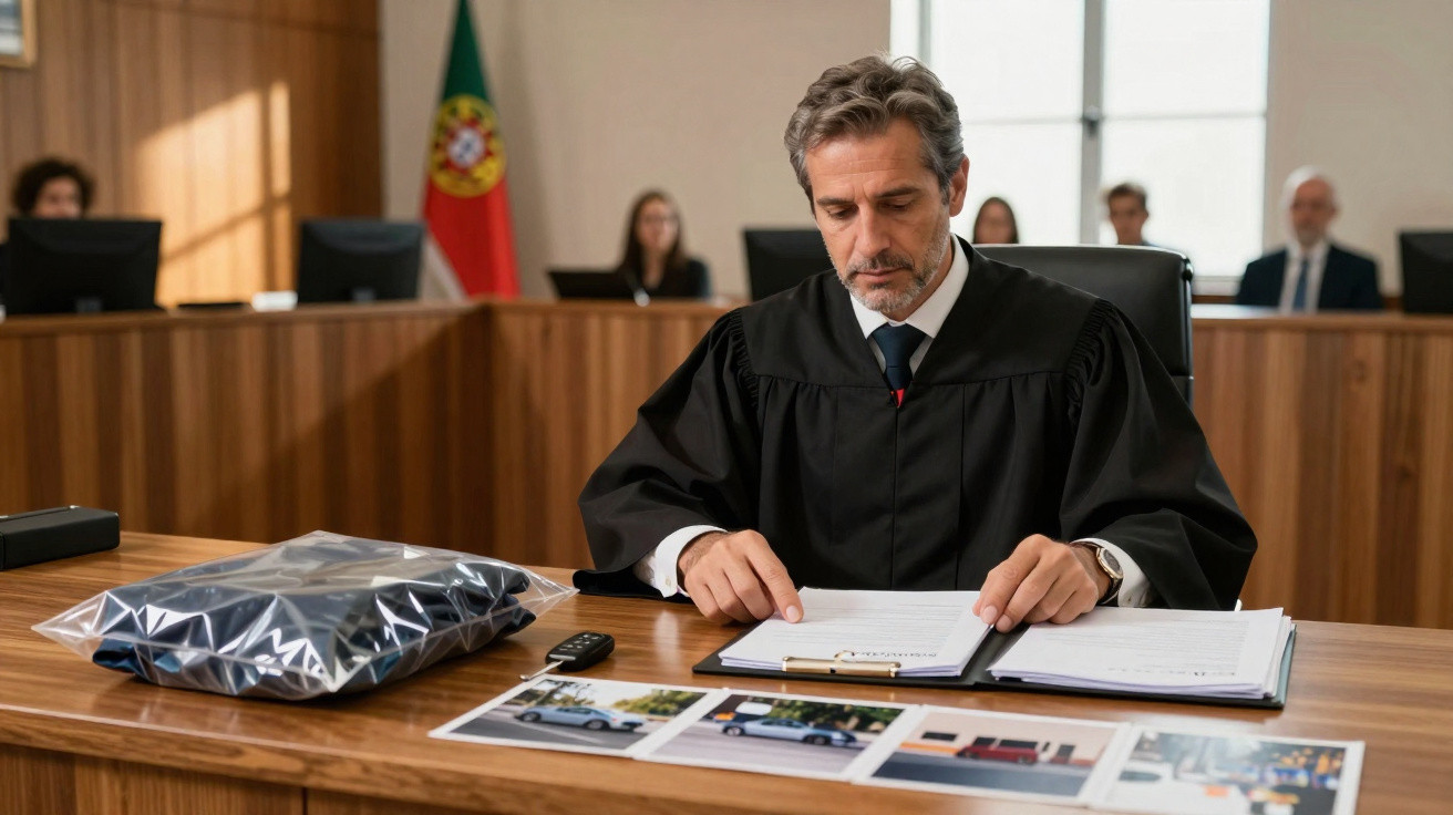 Homem de toga revisa documentos em tribunal com fotos e pacote plástico na mesa, com bandeira de Portugal ao fundo.