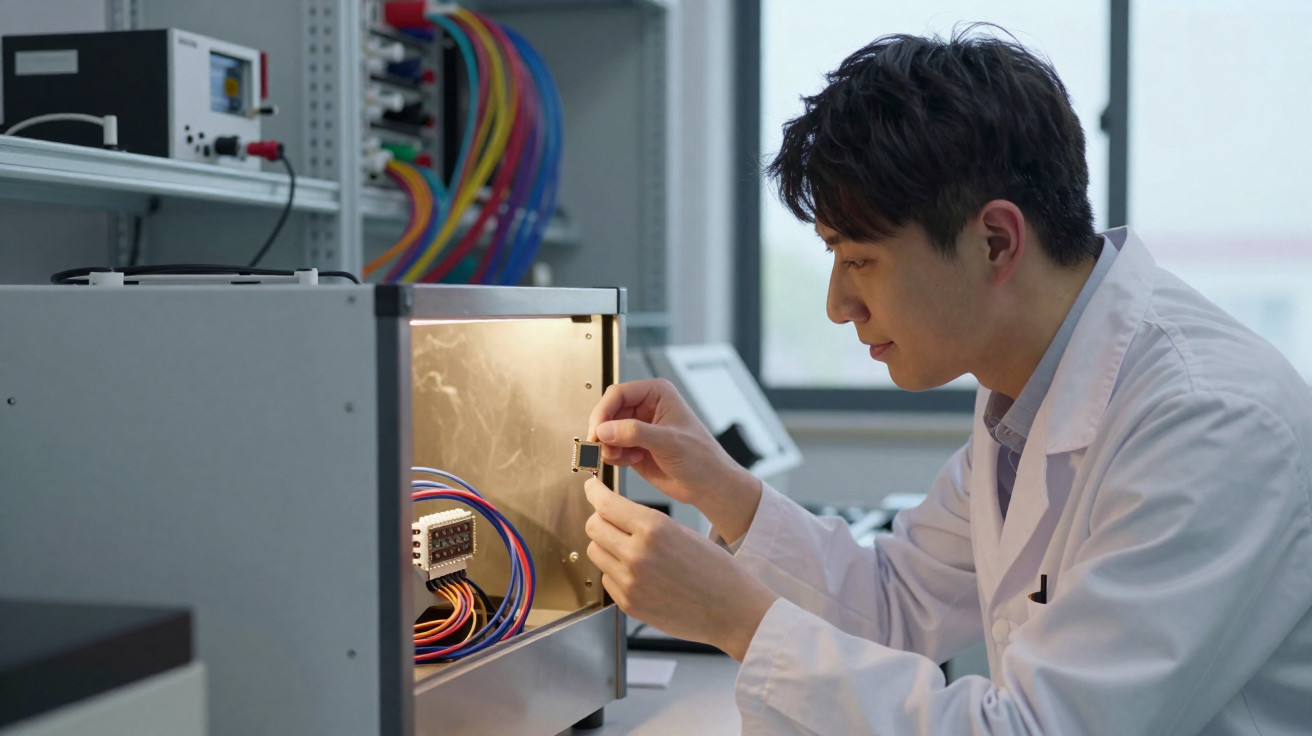 Homem com jaleco branco trabalhando com componentes eletrônicos em laboratório tecnológico.