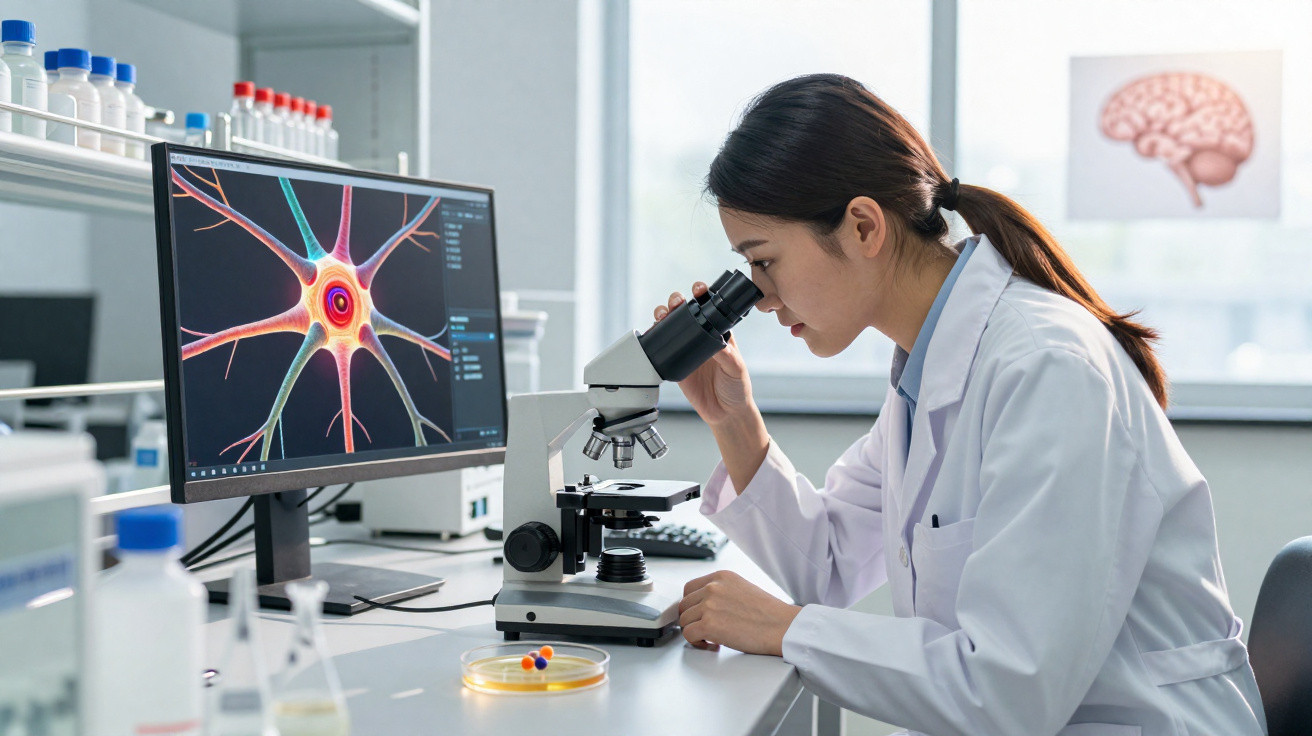 Cientista mulher usando microscópio em laboratório com imagem de neurônio na tela do computador.