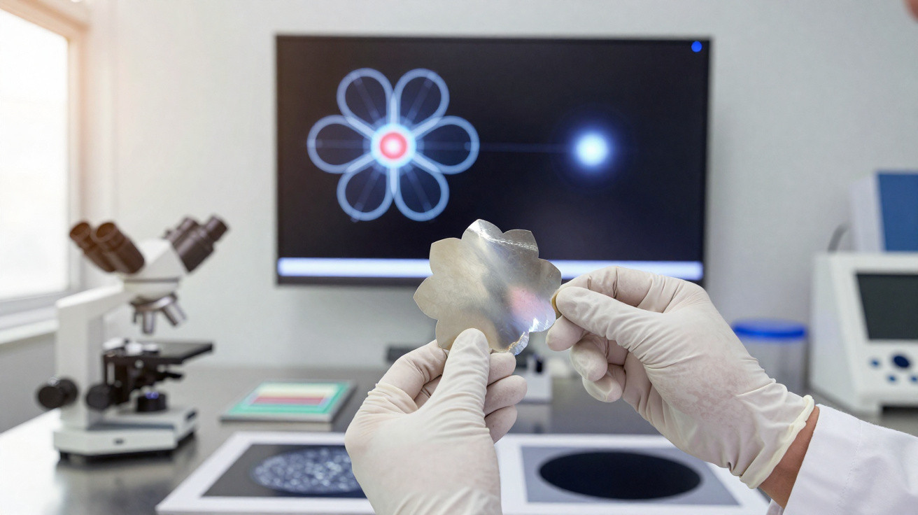 Mãos com luvas seguram material em formato de flor em laboratório com microscópio e tela ao fundo.
