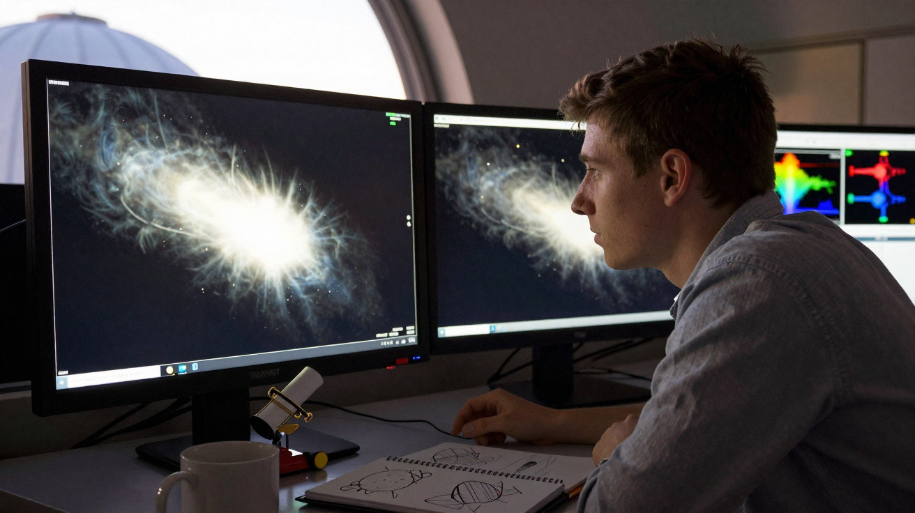 Homem analisando imagens de galáxia em dois monitores de computador em ambiente de trabalho.