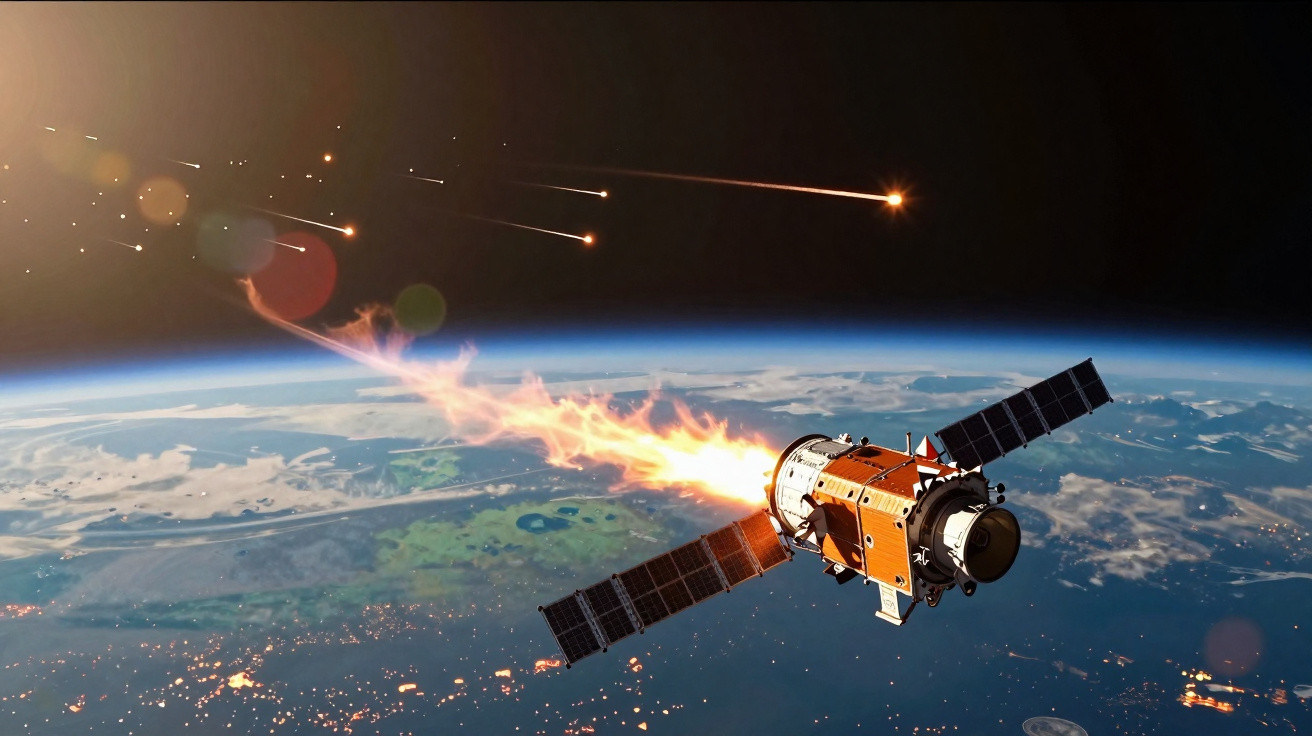 Satélite em chamas entrando na atmosfera terrestre com fragmentos incandescentes ao fundo.