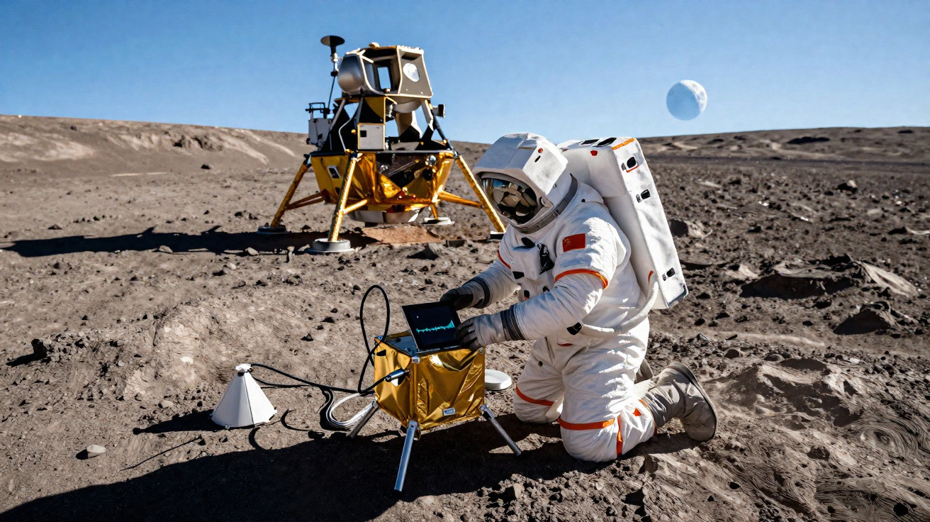 Astronauta em traje espacial operando equipamento na superfície lunar com módulo lunar ao fundo e Terra no céu.