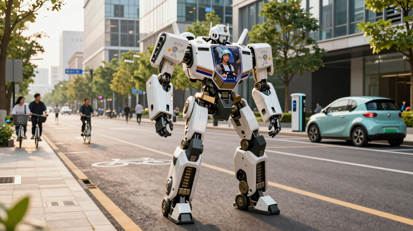 Robô humanóide branco com tela mostrando pessoa, andando em rua urbana com ciclistas e carros ao fundo.