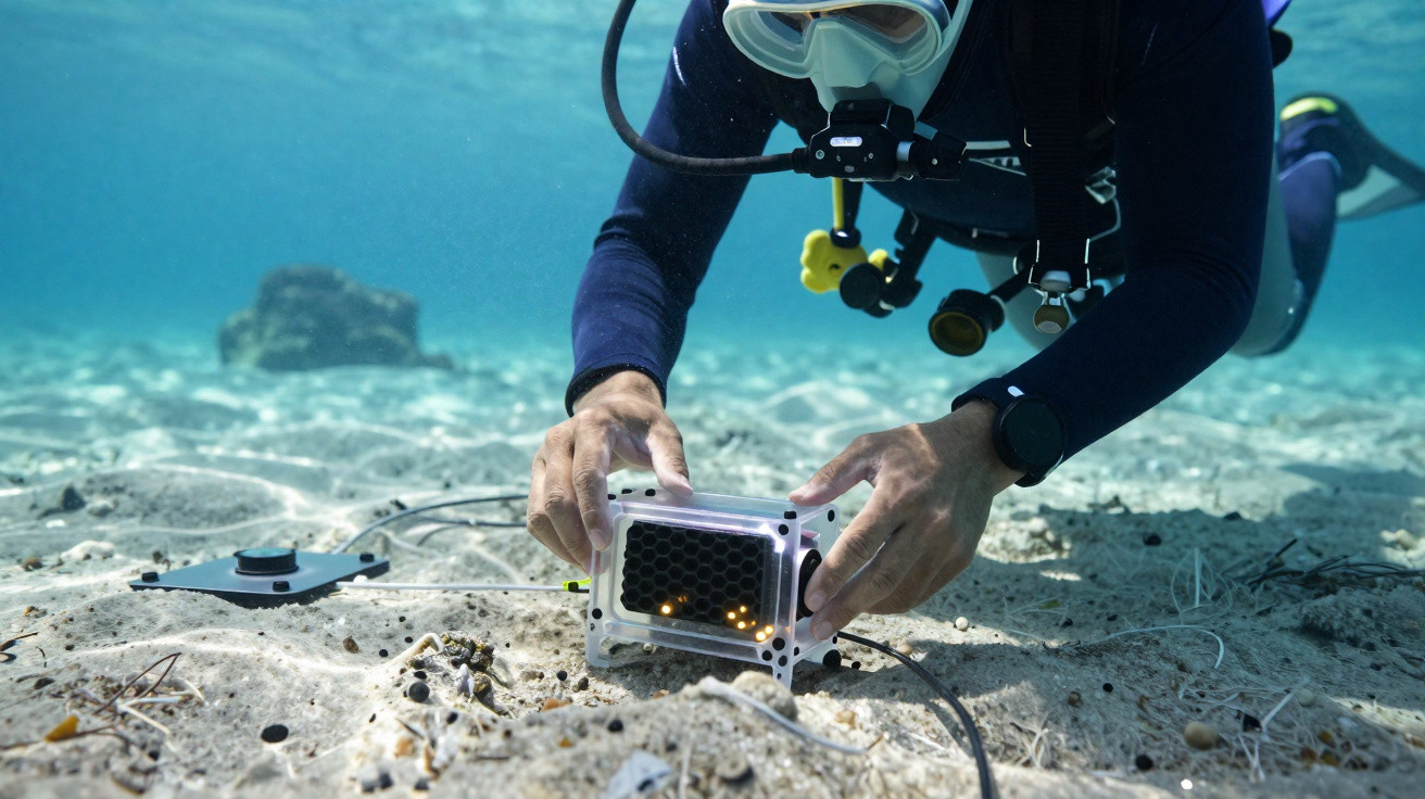 Mergulhador com equipamento científico ajusta dispositivo eletrônico no fundo do mar, perto de corais e areia.