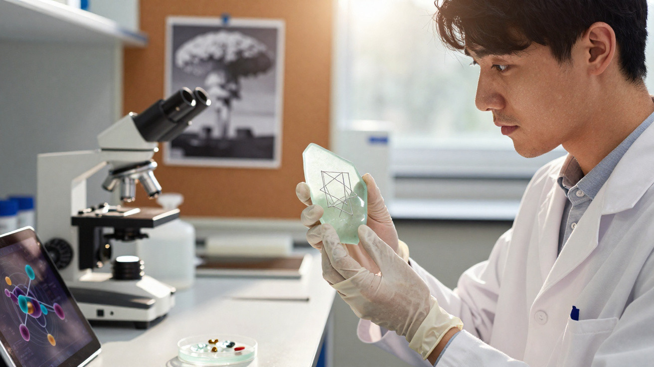 Cientista em laboratório examinando um cristal transparente com luvas e jaleco branco.