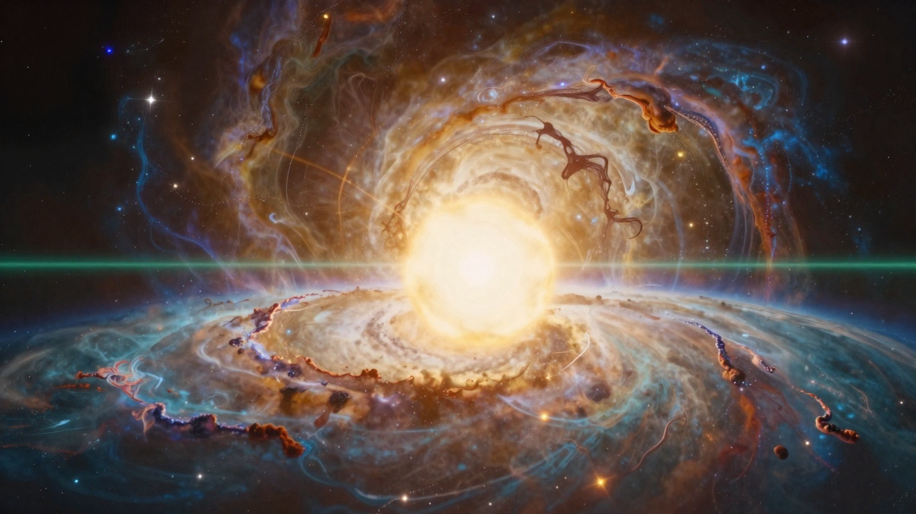 Imagem artística de uma galáxia espiral com um núcleo brilhante e nuvens coloridas de gases no espaço.
