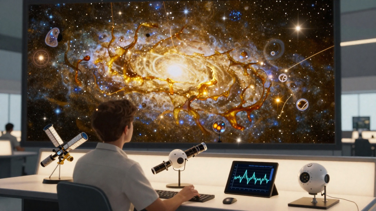 Menino observa imagem de galáxia em tela grande com telescópios e tablet em mesa de laboratório astronômico.