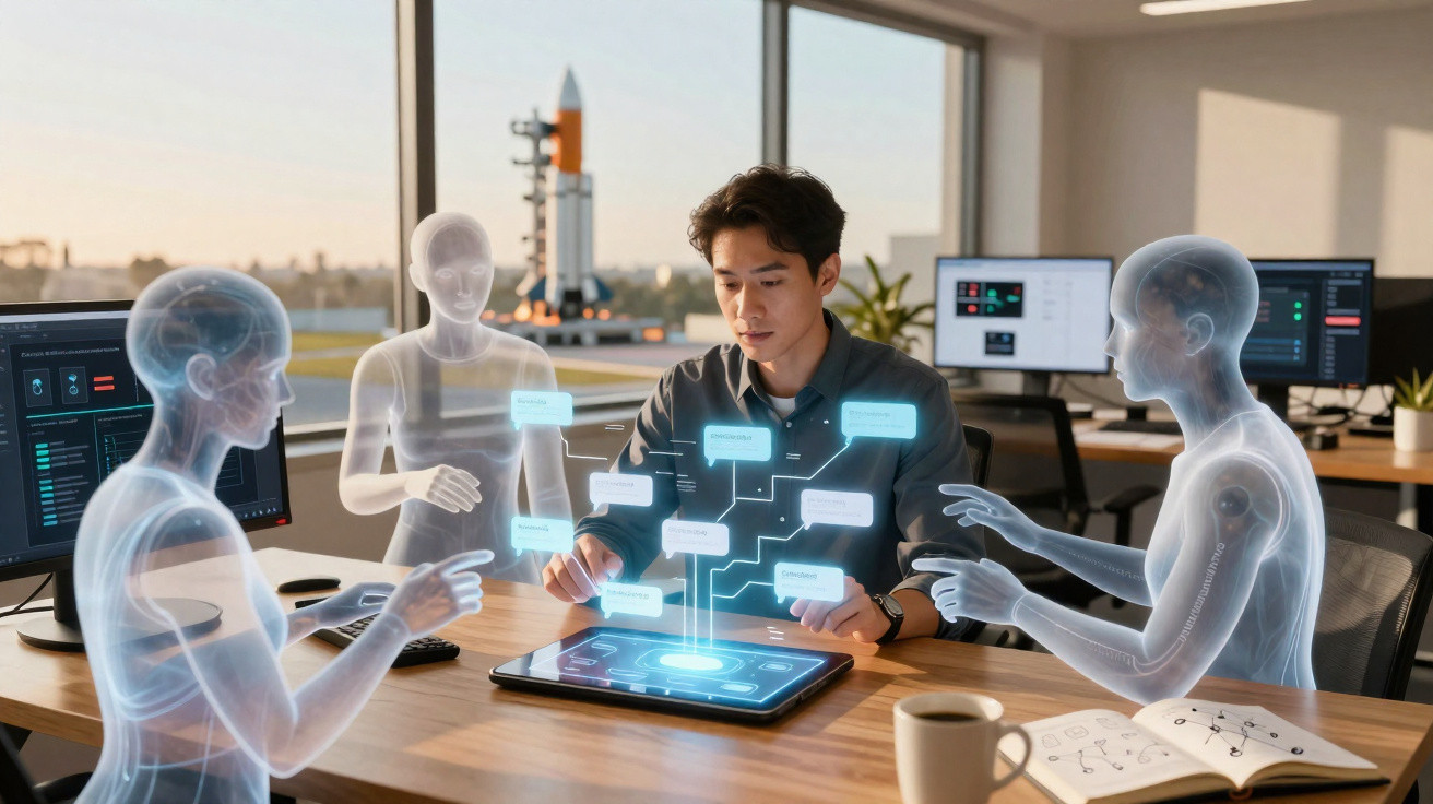 Homem em escritório interage com hologramas futuristas enquanto foguete é visto ao fundo pela janela.