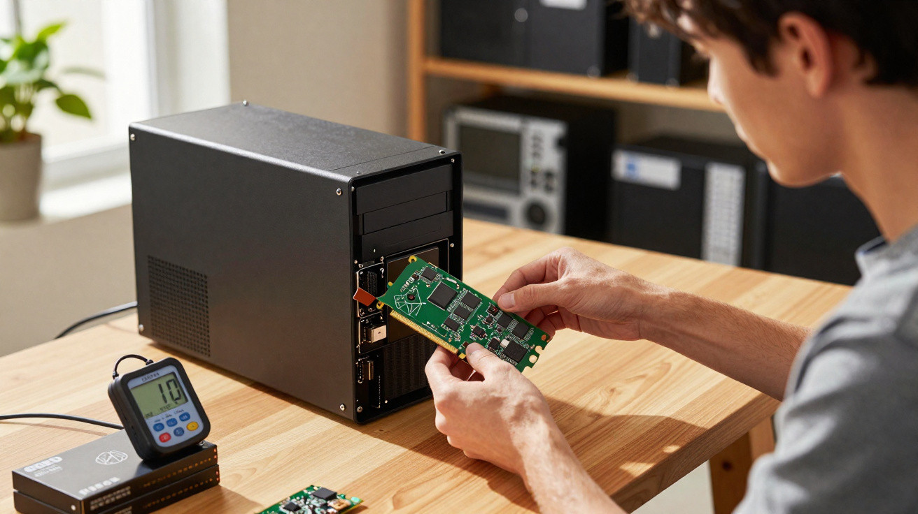 Pessoa segurando uma placa de circuito para instalar em um gabinete de computador preto sobre mesa de madeira.
