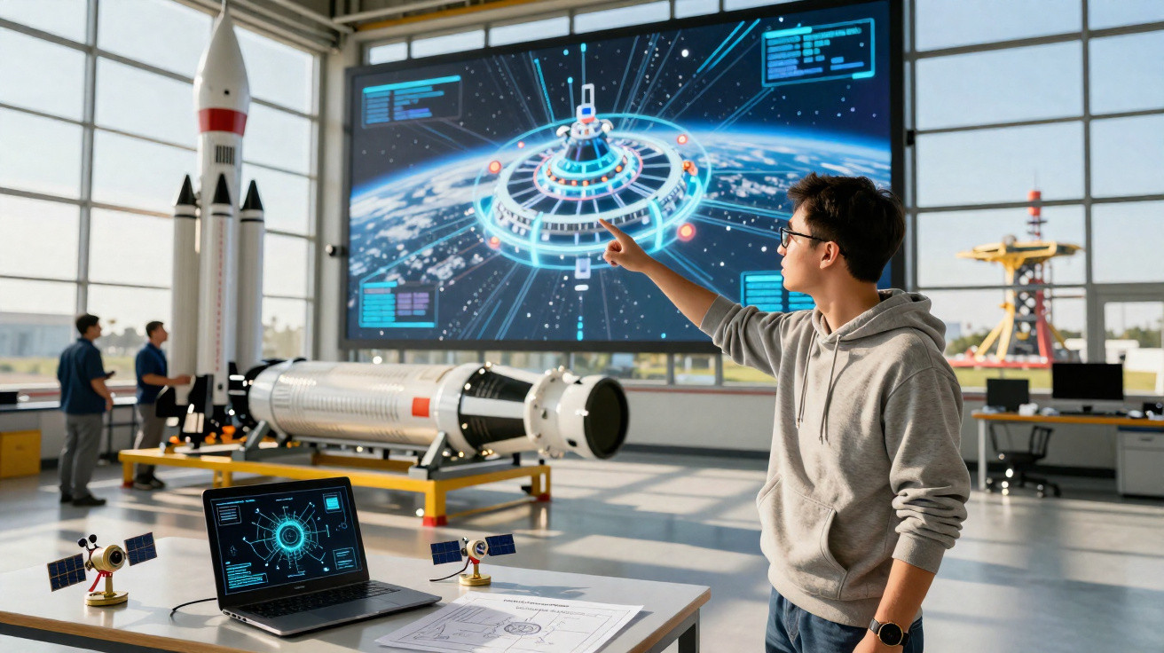 Jovem analisando modelo digital de estação espacial em laboratório com foguetes e dispositivos tecnológicos.