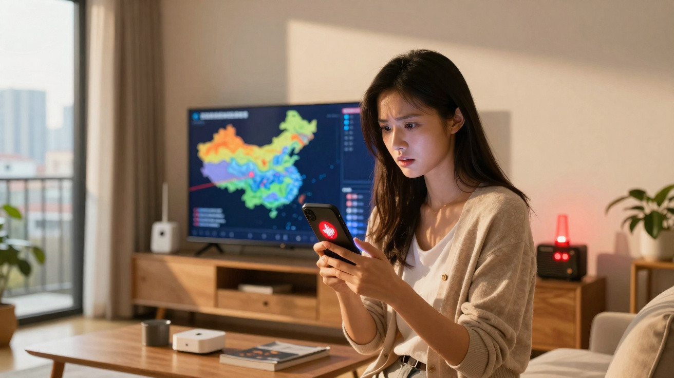 Mulher sentada na sala olhando preocupada para smartphone, com mapa colorido exibido na TV ao fundo.