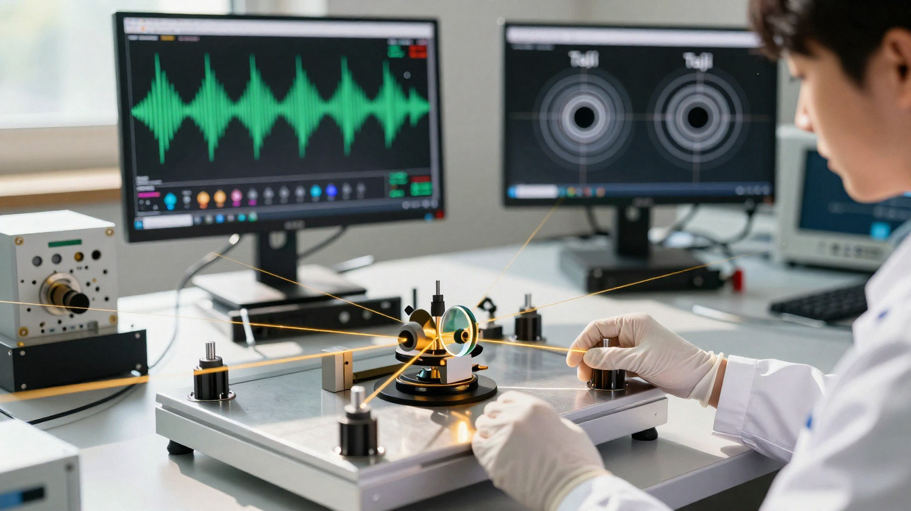 Cientista usando equipamento óptico com laser em laboratório de física, com monitores exibindo dados ao fundo.