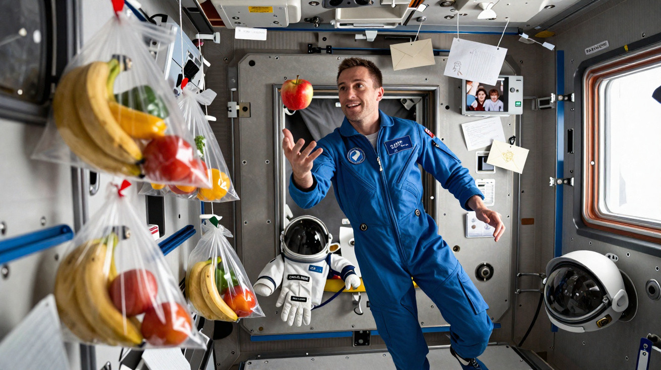 Astronauta em traje azul flutuando na estação espacial enquanto joga uma maçã no ar.