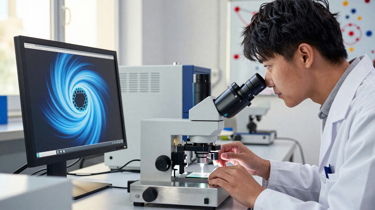 Cientista em jaleco usando microscópio em laboratório com imagem azul na tela de computador.