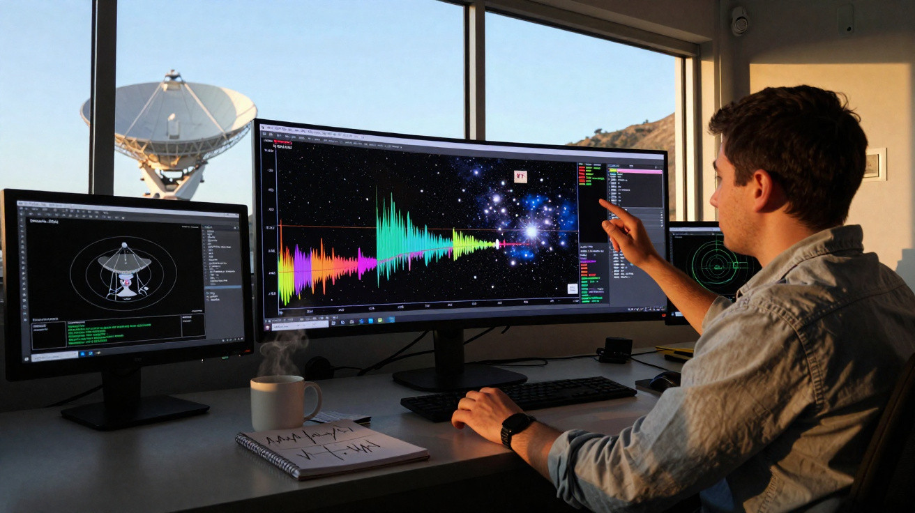 Homem em estação de trabalho com múltiplos monitores e antena parabólica observando dados astronômicos.