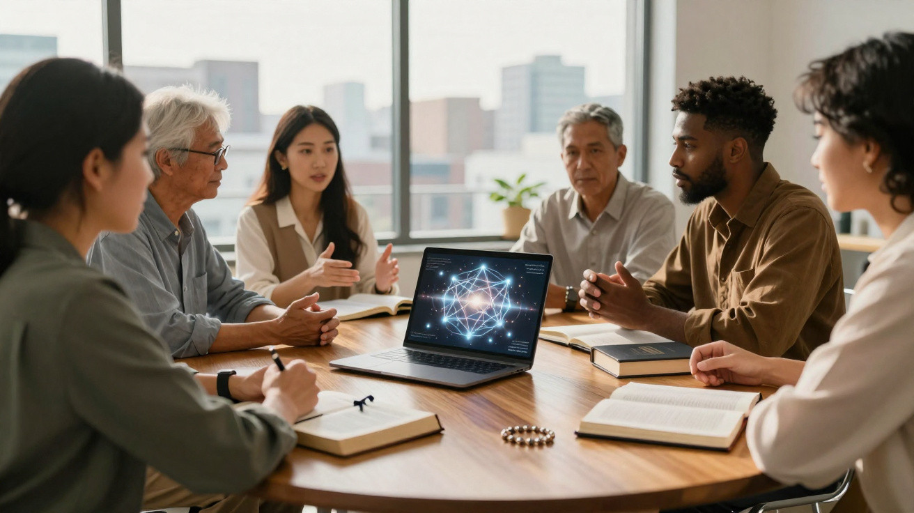 Grupo multicultural em reunião ao redor de mesa com notebook exibindo gráfico de rede digital.