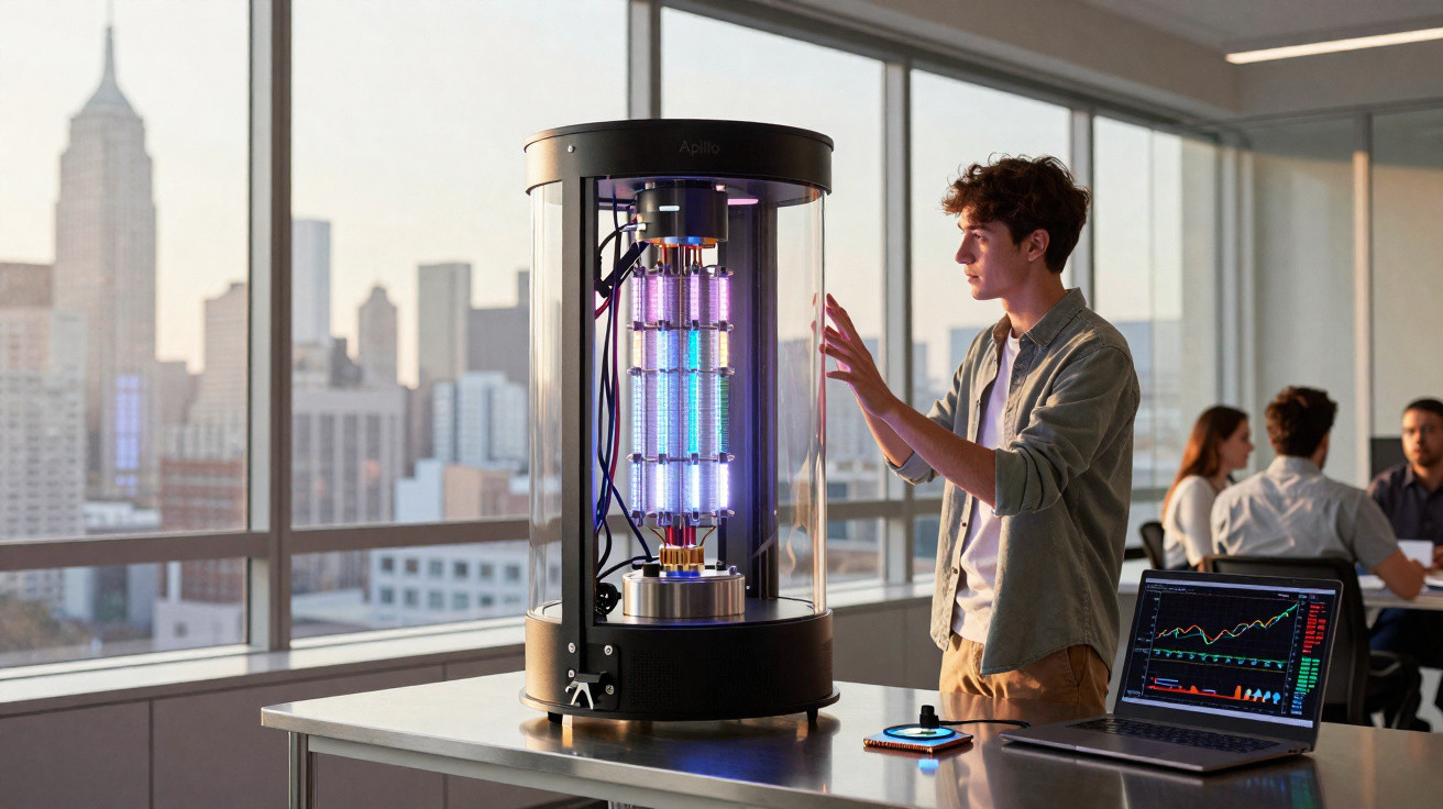 Jovem interagindo com computador quântico em escritório com vista para cidade e colegas ao fundo.