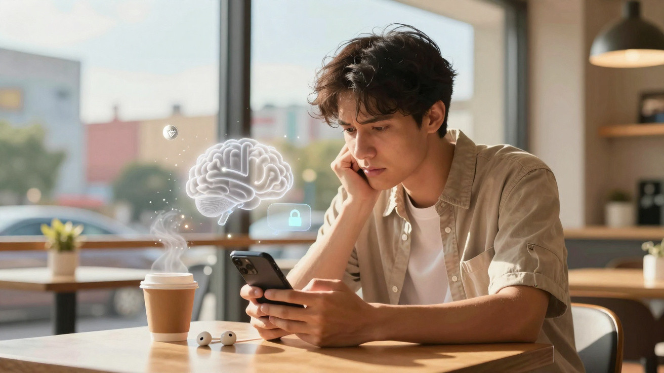 Jovem sentado em cafeteria usando smartphone com imagem digital de cérebro flutuando ao lado.
