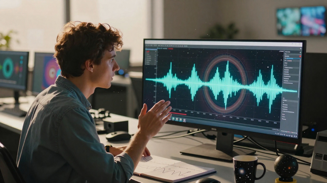 Jovem analisando ondas sonoras em software de áudio, sentado em escritório com vários monitores.