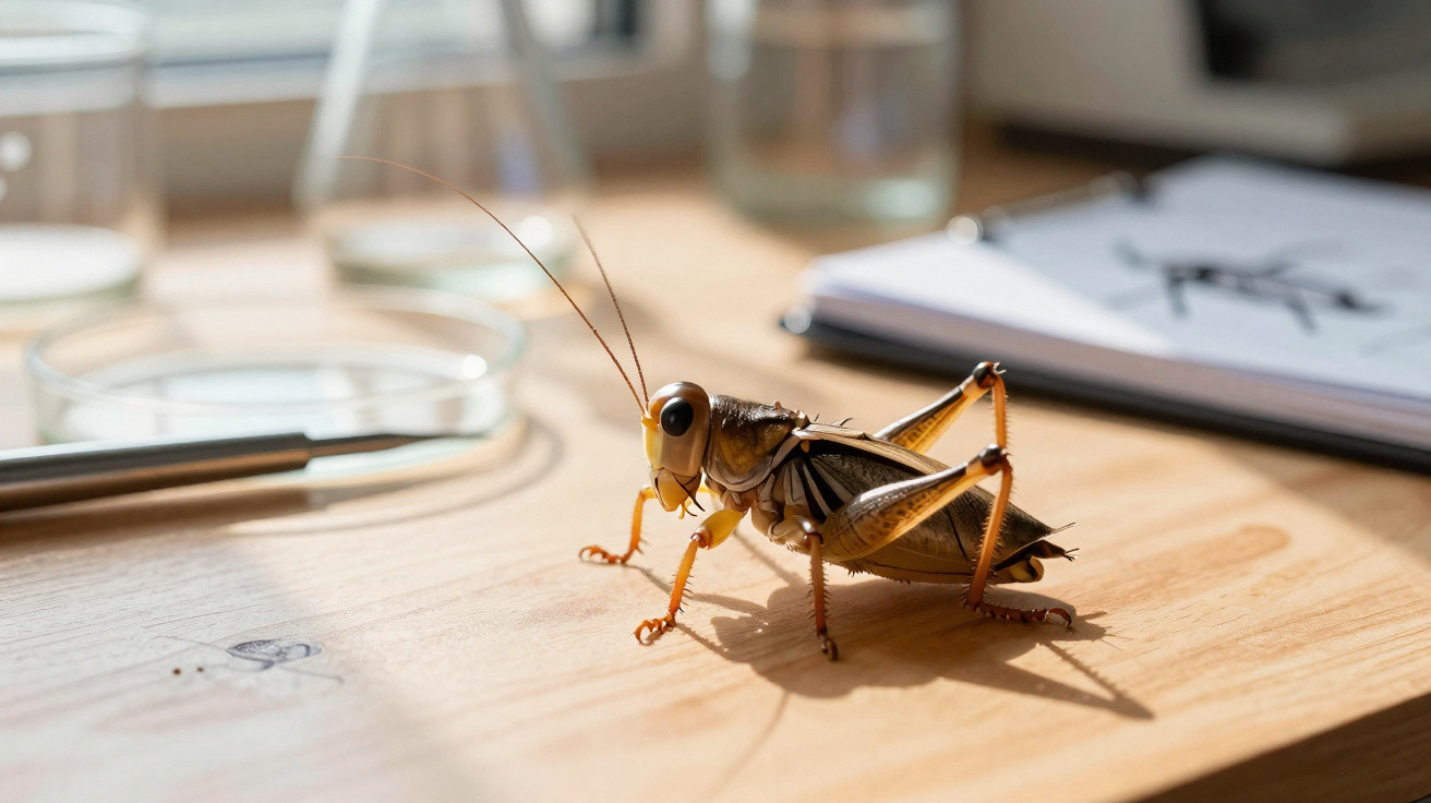 Grilo em uma mesa de madeira clara próximo a uma lupa e um caderno aberto.