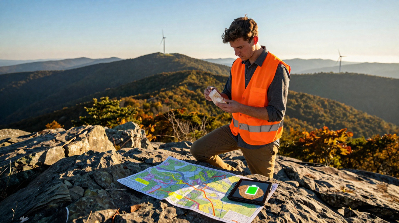 Homem de colete laranja verifica bússola no topo de montanha com mapa sobre pedras ao pôr do sol.