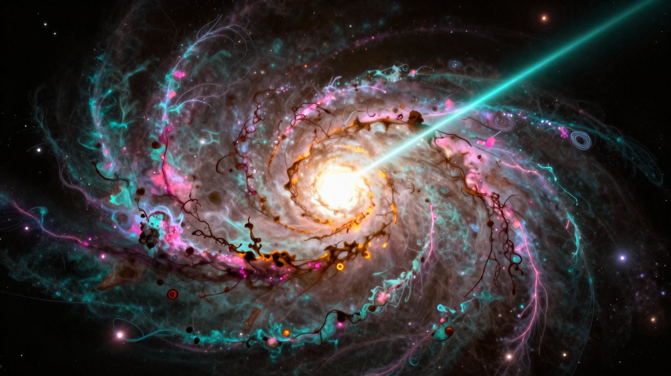 Imagem artística de uma galáxia espiral vibrante com feixe de luz azul emanando do centro brilhante.