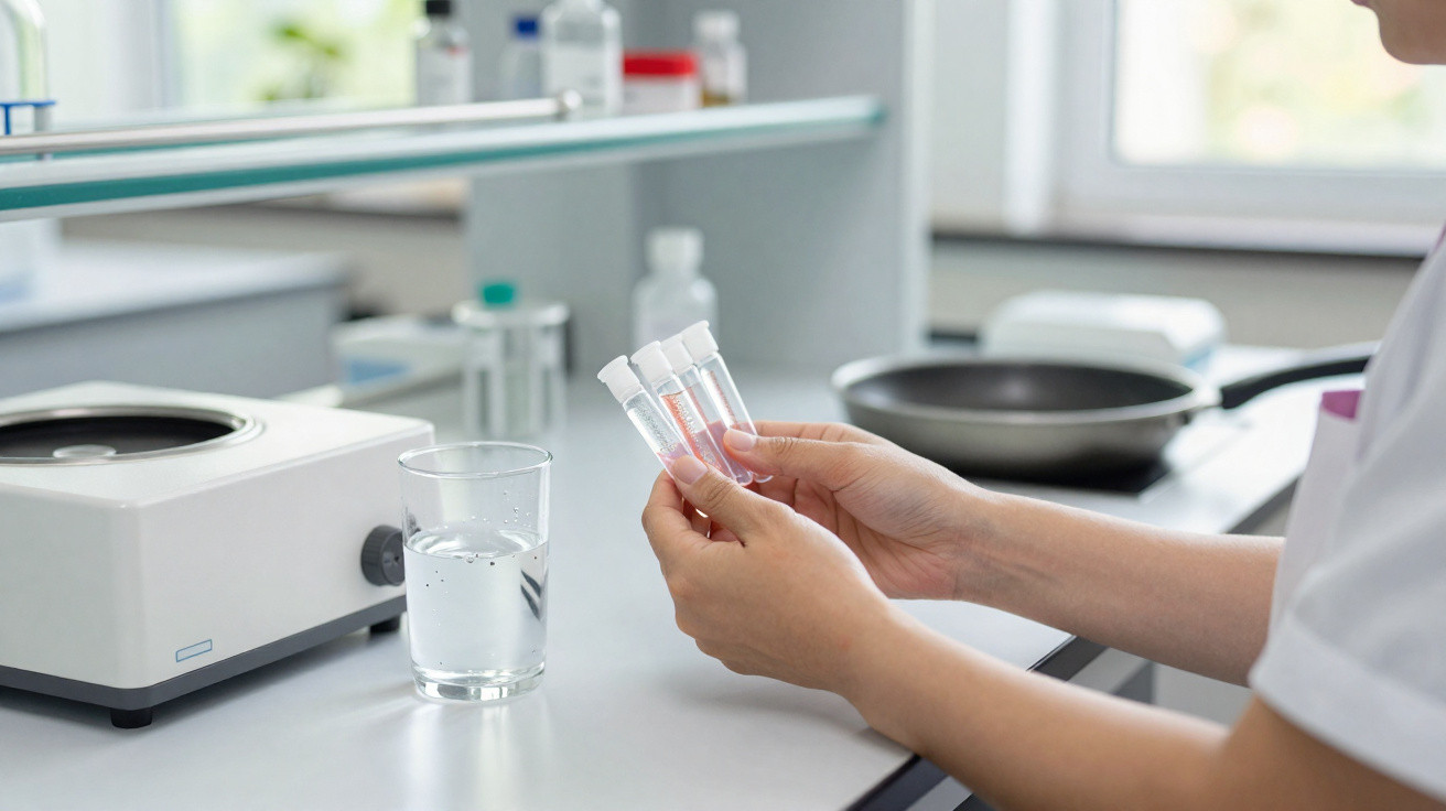 Pessoa segurando tubos de ensaio em laboratório com equipamentos e copo de água ao fundo.
