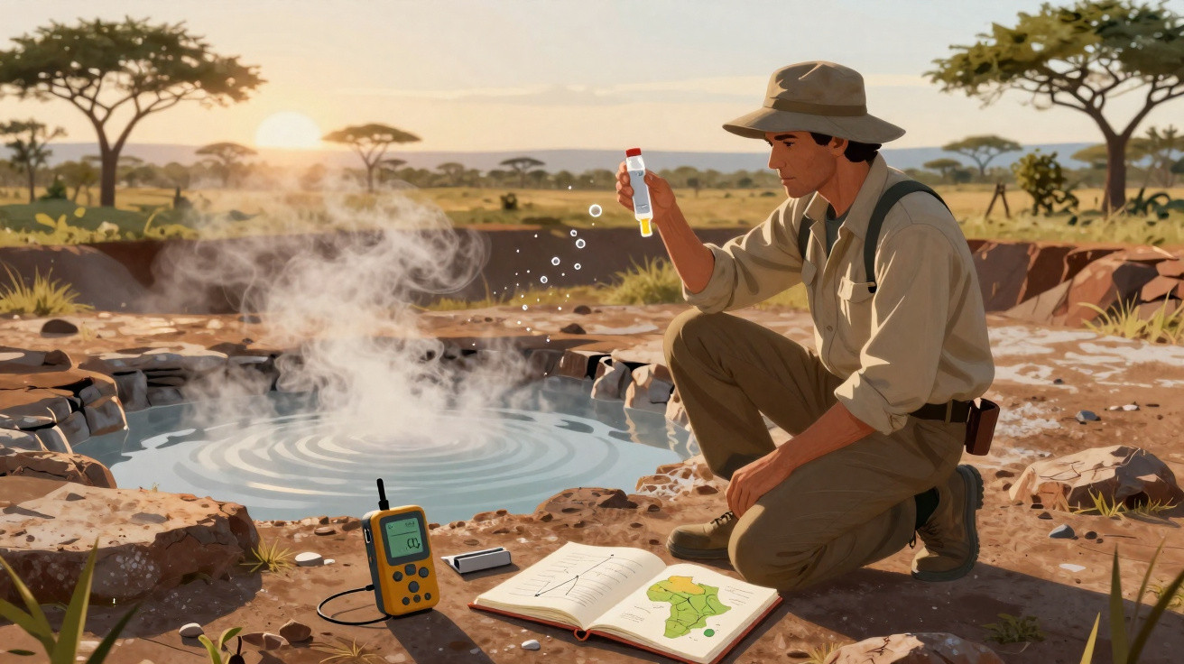 Homem analisando a qualidade da água quente em uma fonte natural ao pôr do sol na savana.