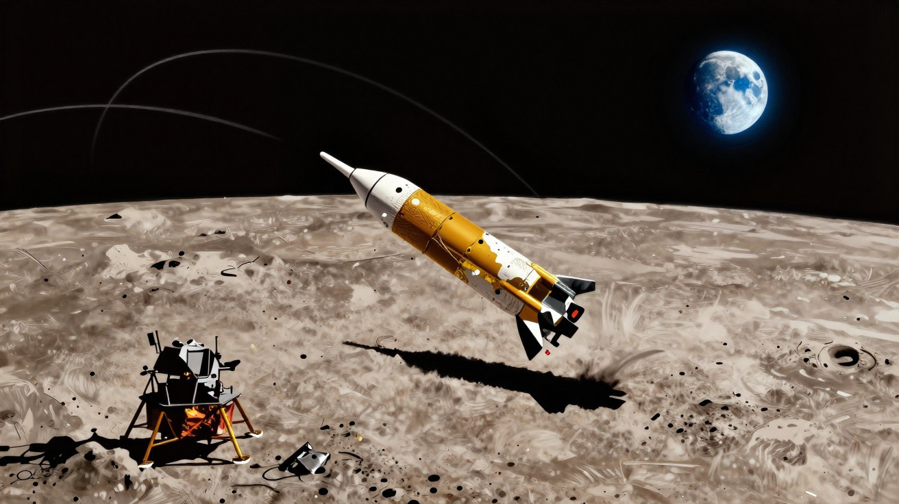 Foguete decolando da superfície lunar com módulo lunar e Terra visível ao fundo no espaço.