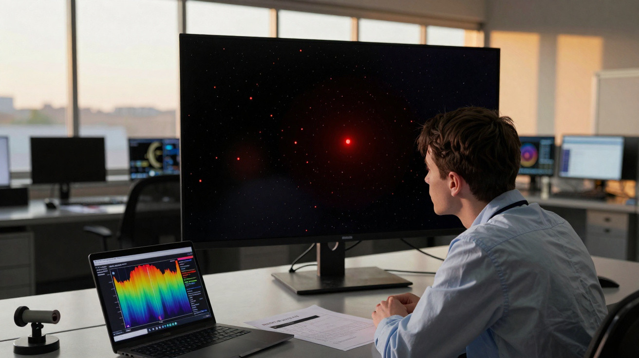 Jovem observando tela com imagem de estrelas vermelhas em ambiente de escritório tecnológico.