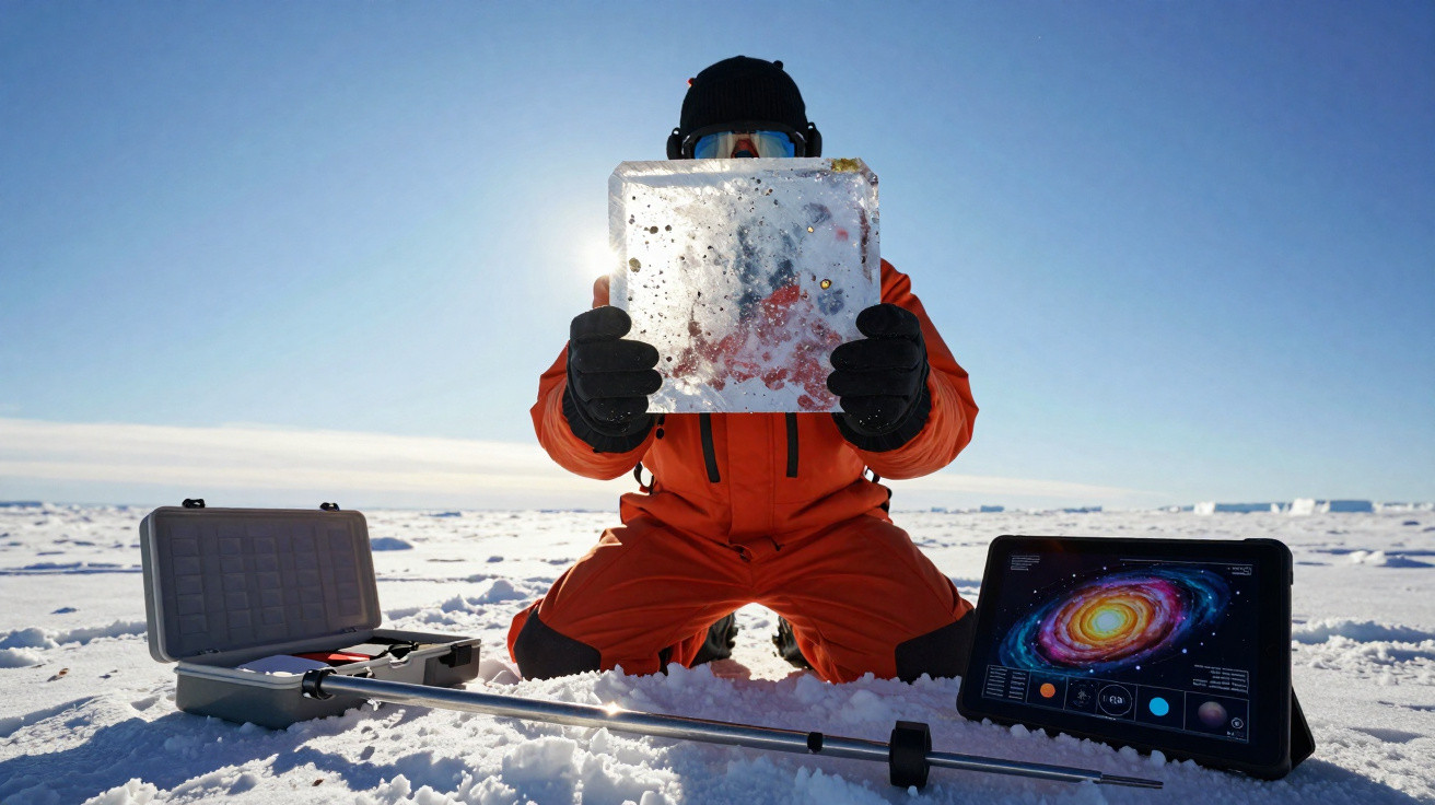 Pesquisador com roupa laranja segura bloco de gelo em área nevada com equipamentos científicos ao redor.