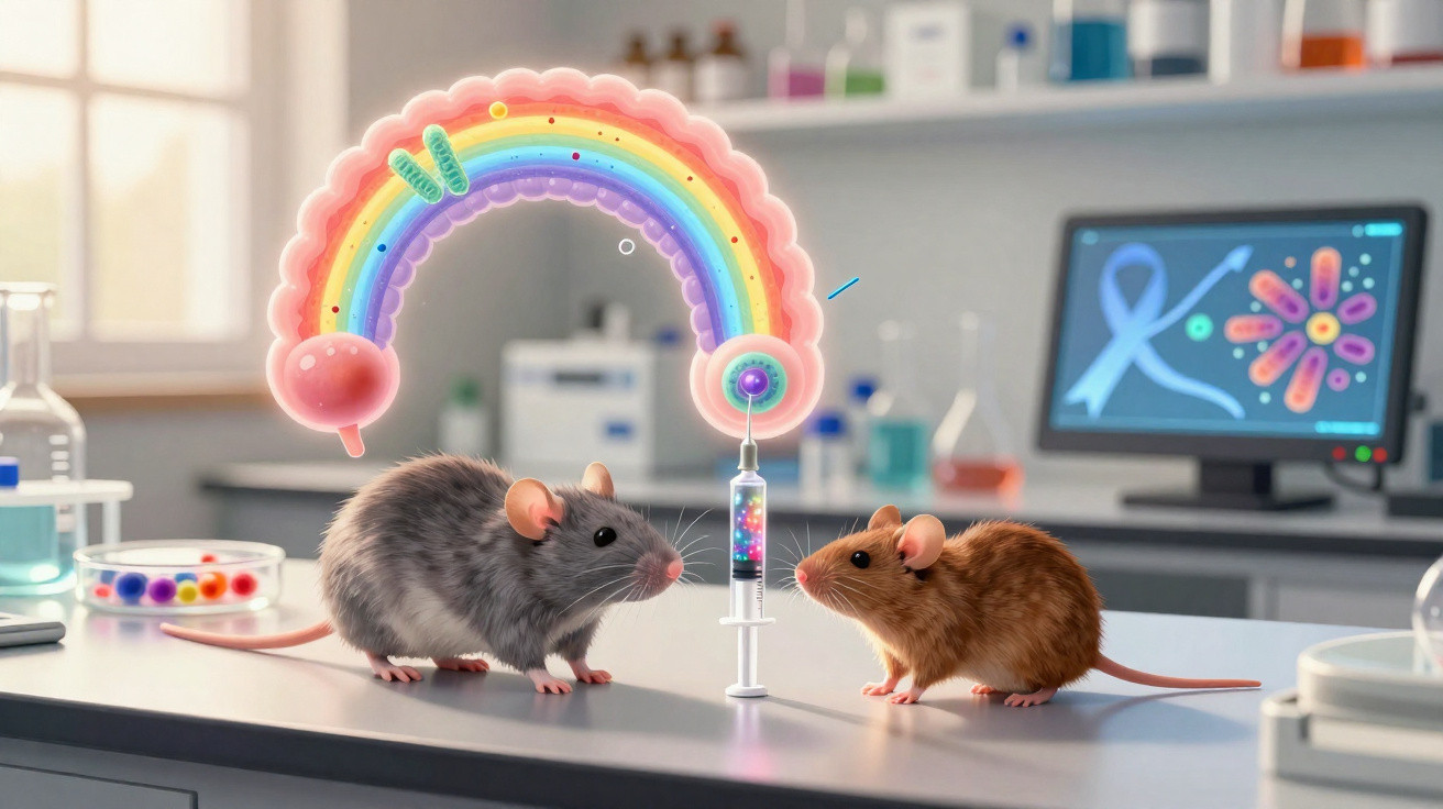 Dois ratos em laboratório com uma seringa mágica e um arco-íris brilhante flutuante entre eles.