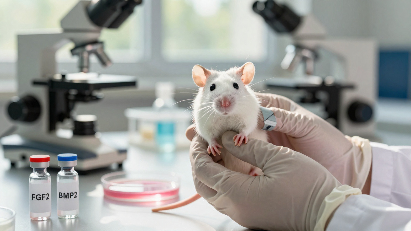 Mão com luva segura rato branco em laboratório com frascos de laboratório e microscópios ao fundo.
