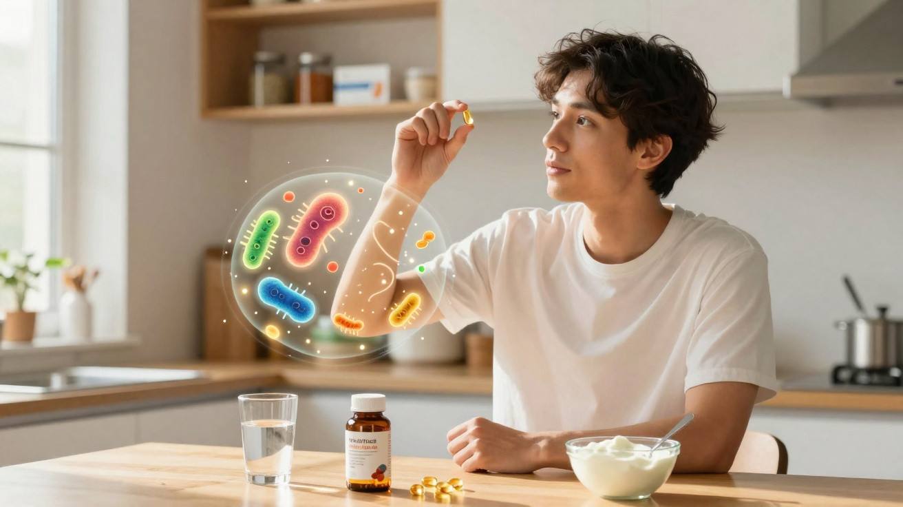 Jovem segurando cápsula, com ilustração de bactérias, à mesa com pote de remédio, copo de água e iogurte.