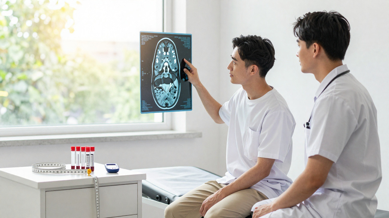 Dois homens em consultório médico analisando raio-x de cérebro enquanto discutem diagnóstico.
